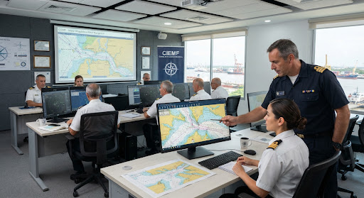 Aula de capacitación marítima del CIEMF con la carta de una vía fluvial proyectada frente a los cursantes.