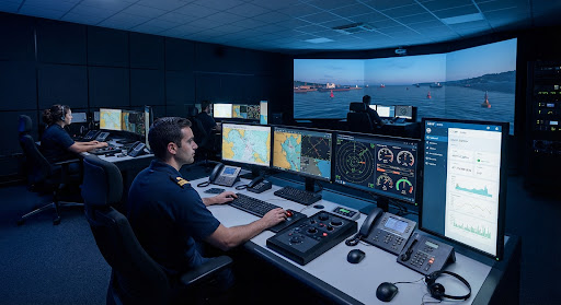 Sala de control del simulador con escritorios de monitores de radar, cartas GPS y telemetría de la maniobra.