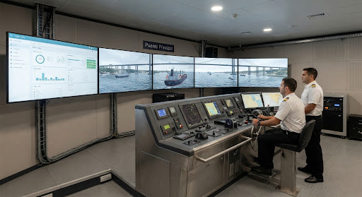 Puente Principal del CIEMF: consola semicircular de monitores con una maniobra de buque de carga en curso.