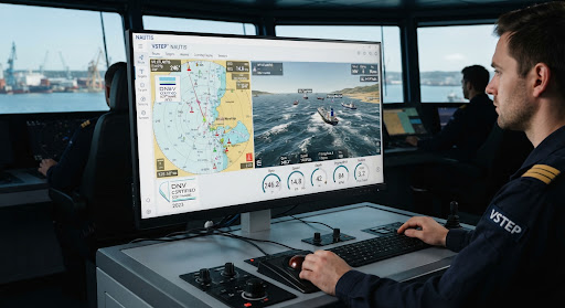 Software de simulación NAUTIS de VSTEP: interfaz de radar y visualización 3D del estado del mar.