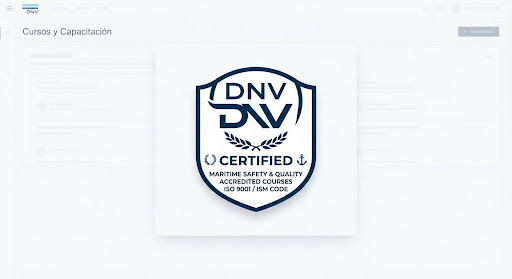 Sello de certificación DNV: cursos acreditados en seguridad y calidad marítima, ISO 9001 e ISM Code.