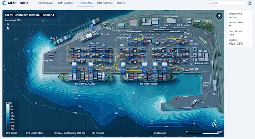 Visualización 3D de un proyecto de ingeniería portuaria: terminal de contenedores con datos batimétricos.